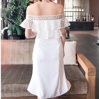 [niceshop1] Đầm ôm trắng phối ren trễ vai