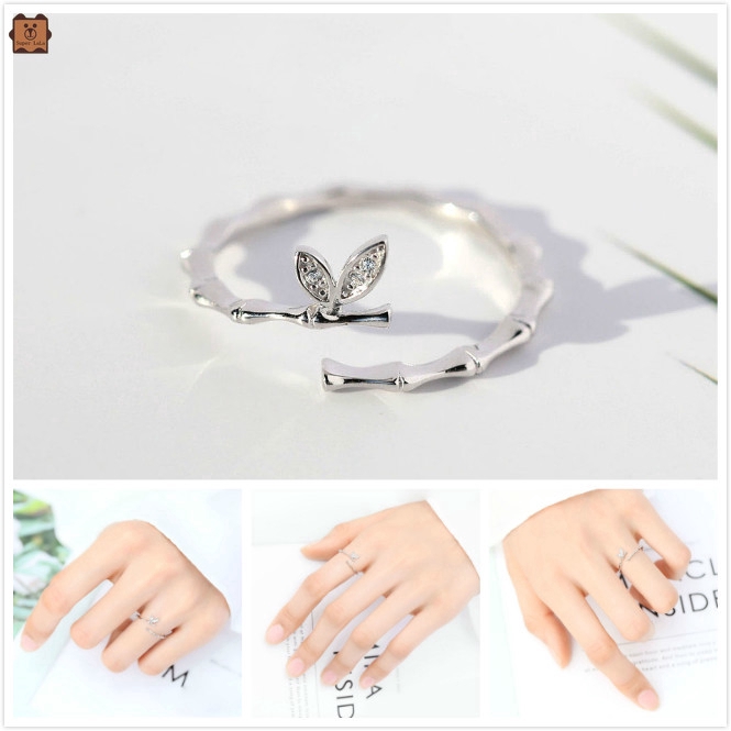 Nhẫn Đốt Tre Mạ Bạc Thiết Kế Chiếc Lá Khảm Đá Tinh Tế Cho Nữ