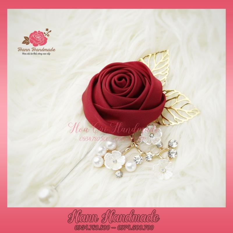 Hoa cài áo handmade hoa hồng cuộn mix phụ kiện cao cấp