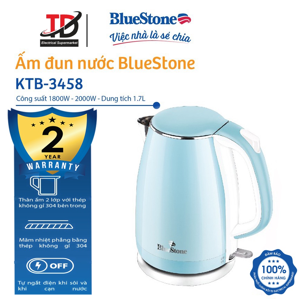 [Mã ELHAMS5 giảm 6% đơn 300K] Ấm Đun Siêu Tốc Bluestone 1.7 lít KTB-3458 , Công Suất 2000W , Bảo Hành Chính Hãng 2 Năm