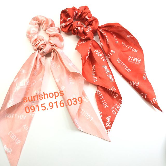 Dây Cột tóc vải Scrunchies thắt nơ dài họa tiết