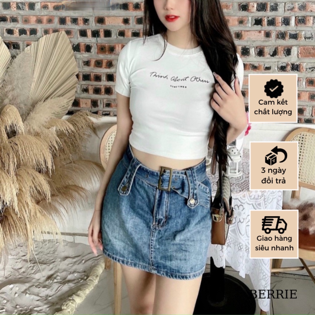Áo Croptop Cổ Tròn Tay Ngắn In Chữ Ôm Body , Áo Thun In Chữ Kiểu Dáng Croptop Ôm Body