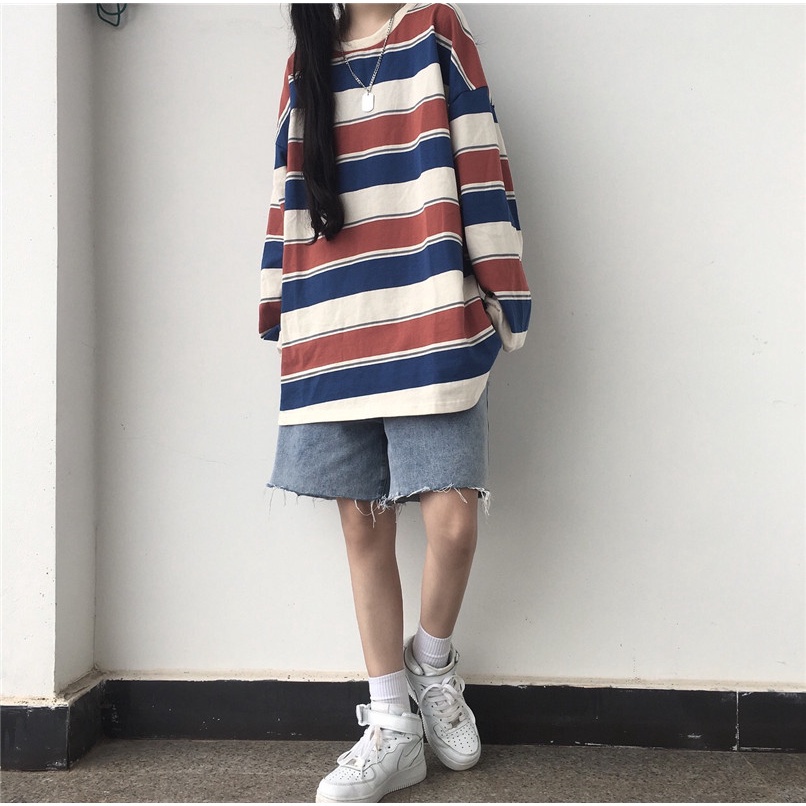 Áo sweatshirt nữ SUXI tay dài cổ tròn dáng rộng kẻ sọc trẻ trung thời trang mùa thu Hàn Quốc