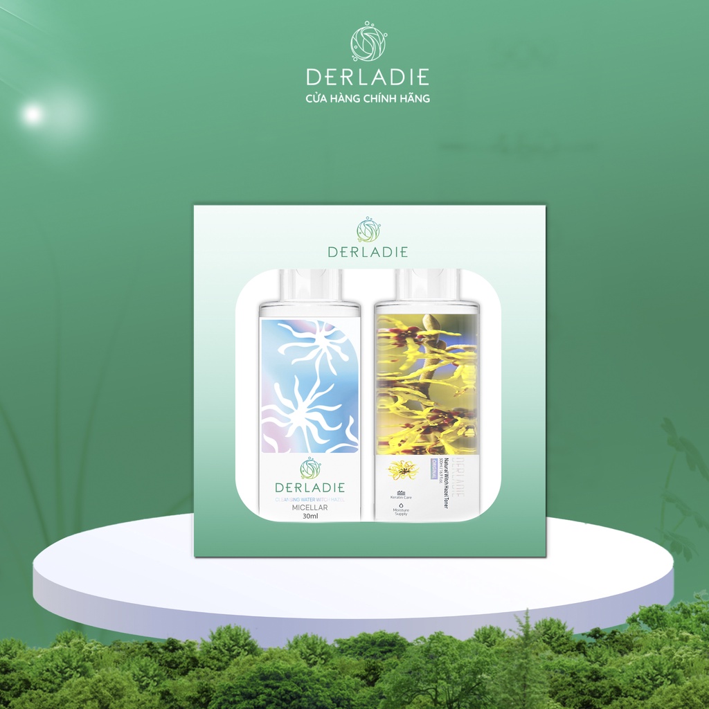Combo Mini Size Nước tẩy trang Derladie Cleansing Water Witch Hazel, Nước cân bằng Natural Witch Hazel Toner 30ml