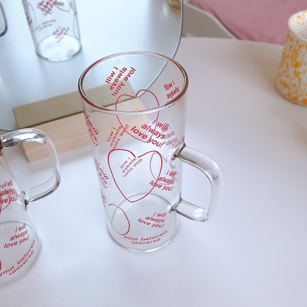 Cốc, Ly Thủy Tinh Size Lớn 400ml Có Tay Cầm Love Heart Text