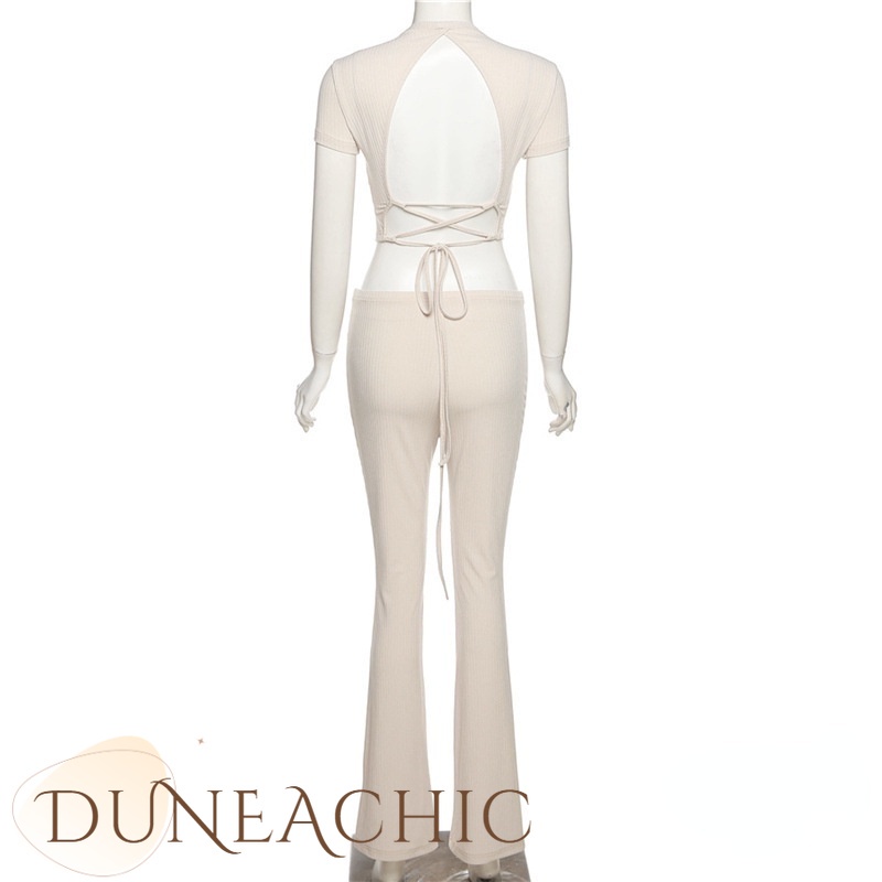 DUNEA Set Đồ 2 Món Gồm Áo Thun Crop Top Buộc Dây Hở Lưng Màu Trơn Và Quần Dài Ôm Dáng Gợi Cảm Cho Bạn Gái