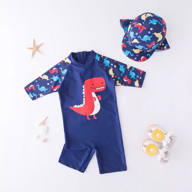 Set đồ bơi bé trai hình khủng long kèm mũ