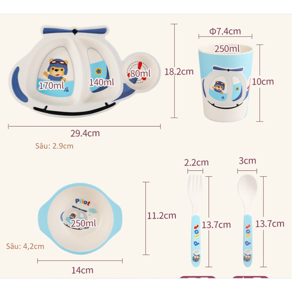 Set 5 món Khay, Bát, Cốc, Thìa, Dĩa ăn dặm hình máy bay - Hữu cơ tự nhiên SHALL
