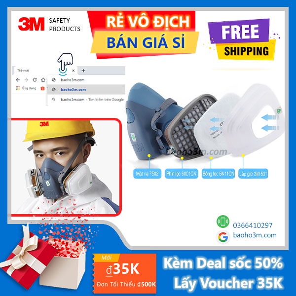 3M 7502-Mặt nạ phòng độc 3M-7 món xuất xứ Mỹ lọc hơi benzen, acetone, xăng dầu dùng phun sơn, phòng dịch, phòng cháy