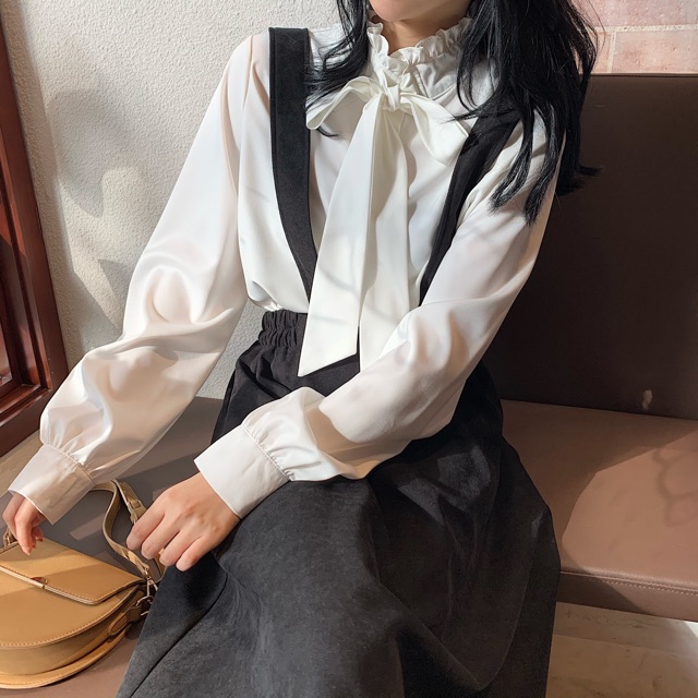 Bigsize M-4XL Set áo sơ mi + váy yếm dáng dài vintage thanh lịch