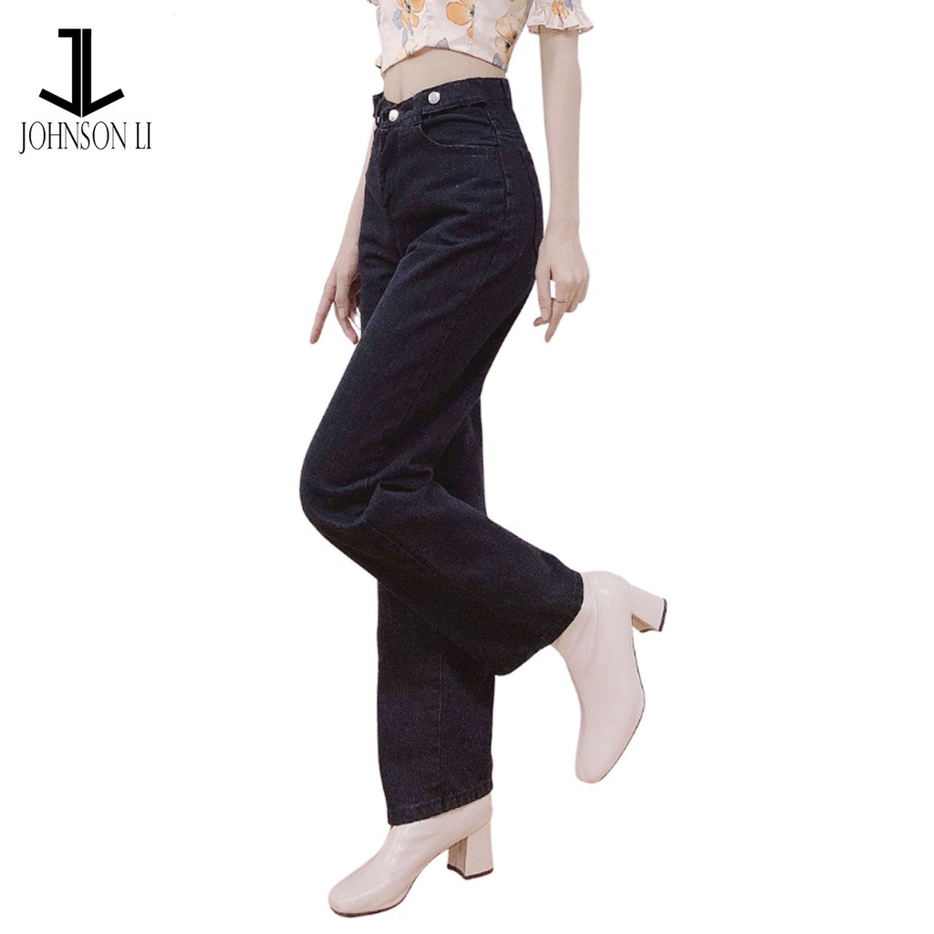 Quần baggy jean nữ lưng cao, cắt rách màu đen jean LB146 JL JohnsonLi