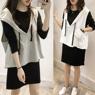 Set đầm suông dài tay màu trơn kèm áo khoác ngoài không tay có nón thời trang nữ