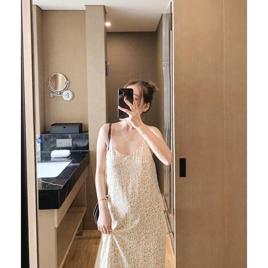 Váy 2 Dây Hoa Nhí Cam PEONYB Nữ [FREESHIP] 🌸 Đầm midi maxi mặc đi biển, dáng suông dài cổ tim bánh bèo Ulzzang 🌸 | BigBuy360 - bigbuy360.vn