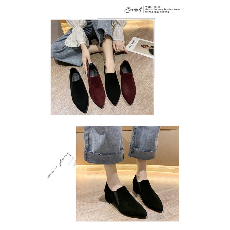 Giày Búp Bê Mũi Nhọn Gót Thấp Dày Dặn Màu Đen Phong Cách Anh Quốc Thời Trang Cho Nữ