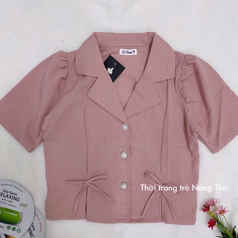 Áo Croptop cổ vét gắn nơ xinh vải đũi Hàn dễ thương