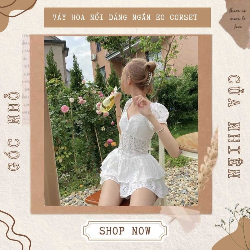 Váy Đầm Tầng Hoa Nổi Cổ Tim Chiết Eo Corset Tặng Kèm Quần Váy