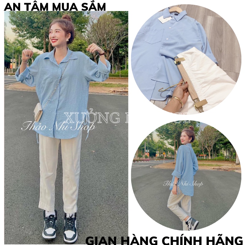 Set áo sơ mi phối quần ống rộng chất đũi có size kèm ảnh thật, Set sơmi xanh Đàm Tổng cao cấp THOITRANG1989
