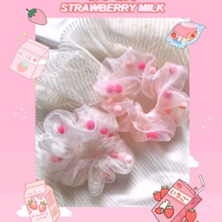 “STRAWBERRY MILK” pompom scrunchies | cột tóc sữa dâu pompom cute
