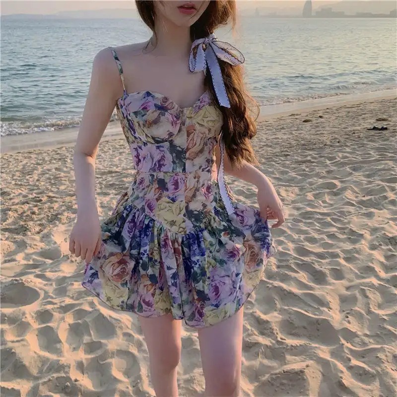 Đầm Hoa Hai Dây Dáng Ôm Thời Trang Đi Biển Quyến Rũ Cho Nữ