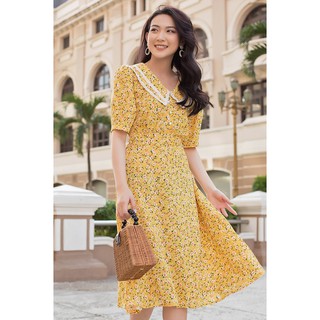 [ ẢNH THẬT] Đầm Midi cổ sen, phối ren