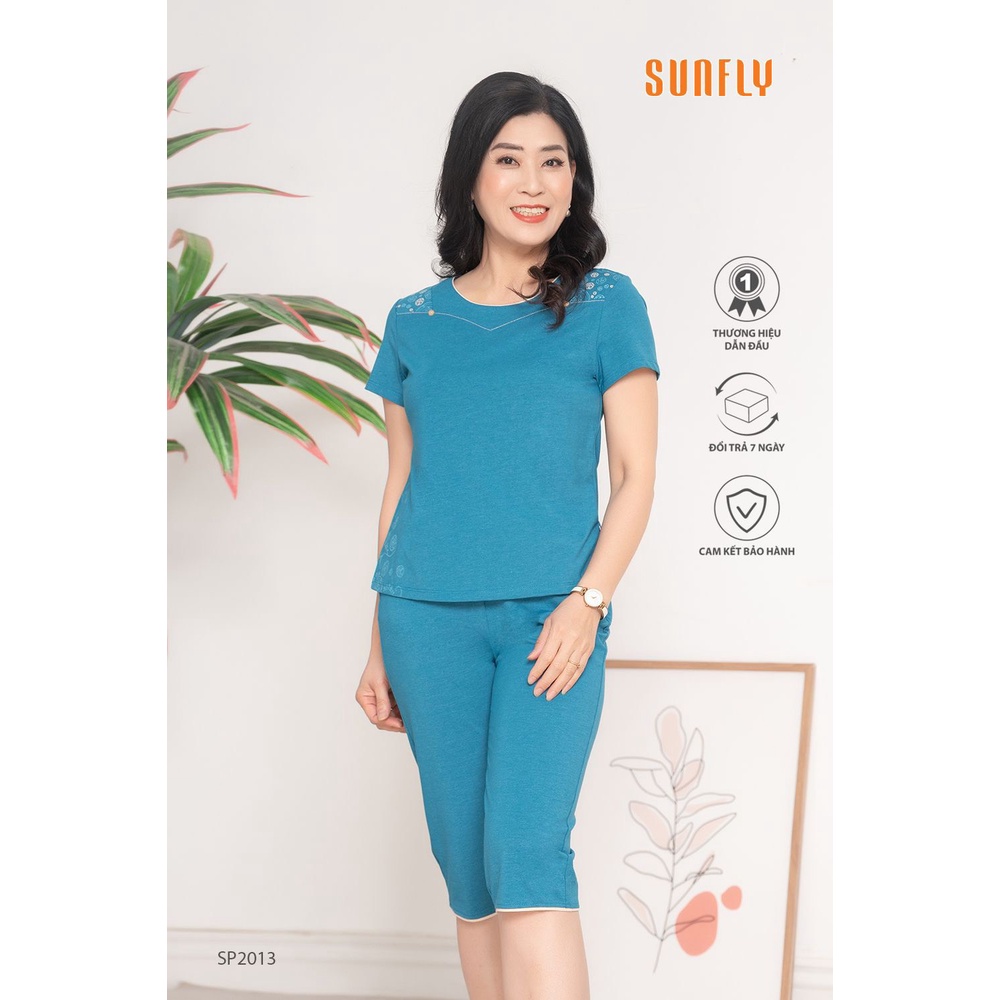 Bộ đồ mặc ở nhà cho mẹ SUNFLY. SET đồ ngủ chất cotton co giãn thấm hút mồ hôi tốt, kiểu trơn áo cộc quần ngố SP2013