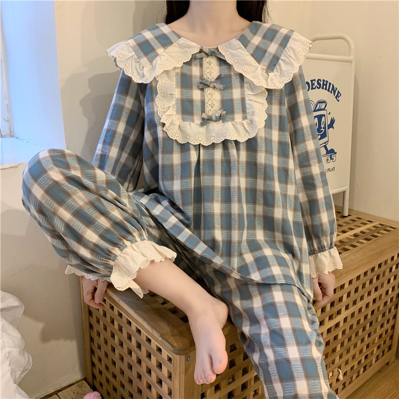 Bộ đồ ngủ tiểu thư phối ren kẻ sọc | BigBuy360 - bigbuy360.vn