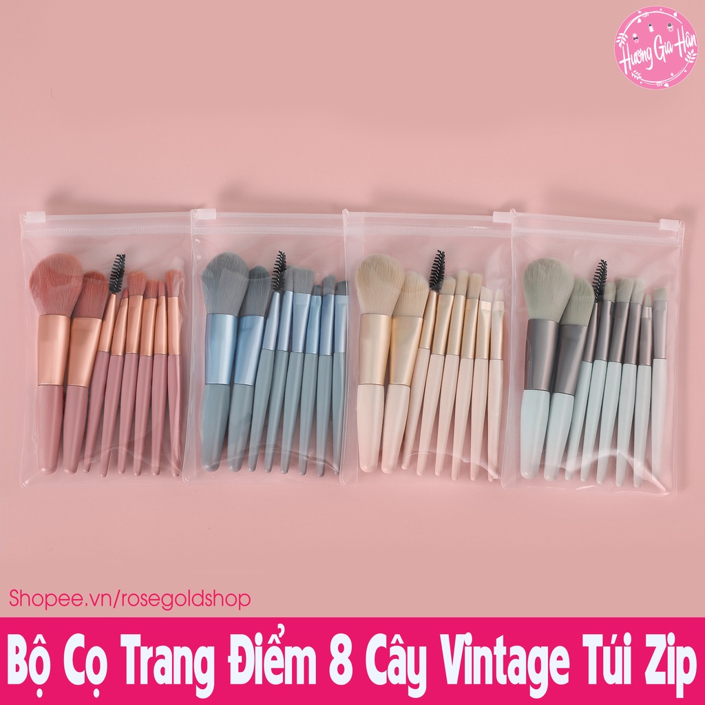 Bộ Cọ Trang Điểm 8 Cây Vintage Siêu Cute Trong Túi Zip