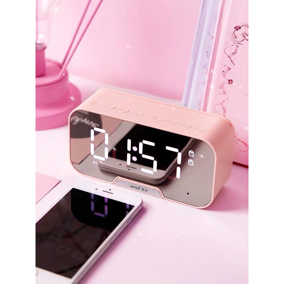 Loa bluetooth không dây mini clock speaker D88 làm đồng hồ báo thức kèm đèn ngủ pin trâu mặt kính tráng gương