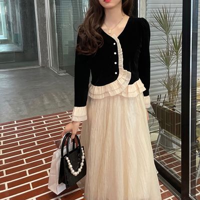 Set áo cardigan chất liệu nhung + váy lưng cao thời trang thu đông cho nữ (có bán lẻ)