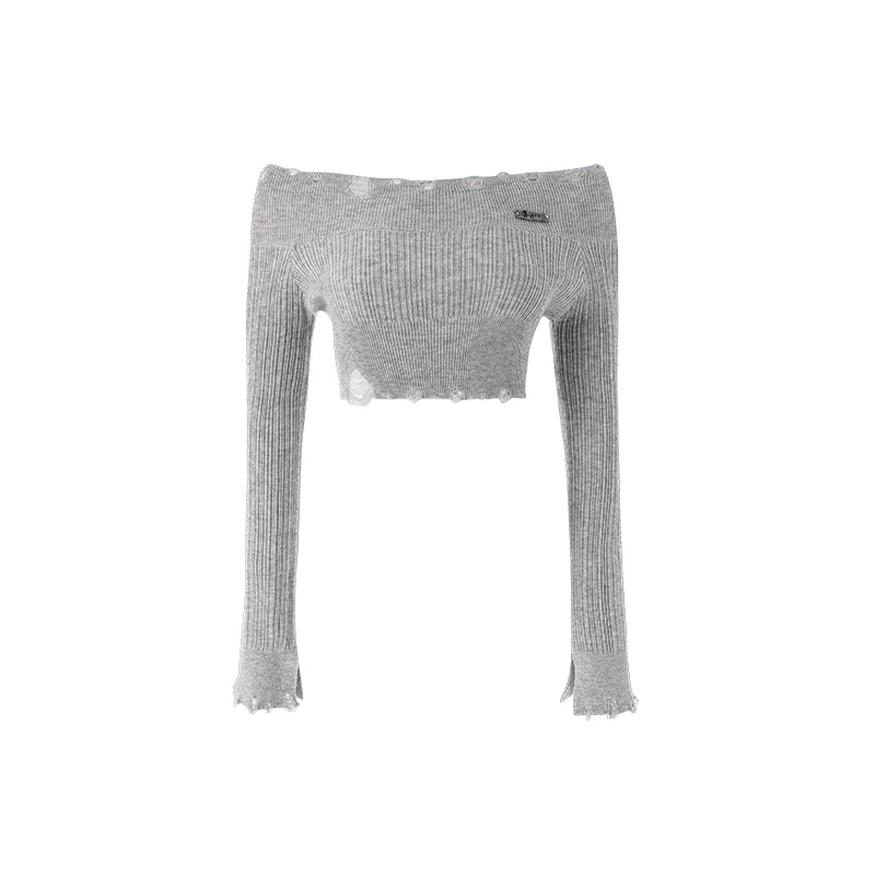 Áo sweater Dệt Kim Mỏng Màu Trơn Trễ Vai Thiết Kế Rách Cá Tính