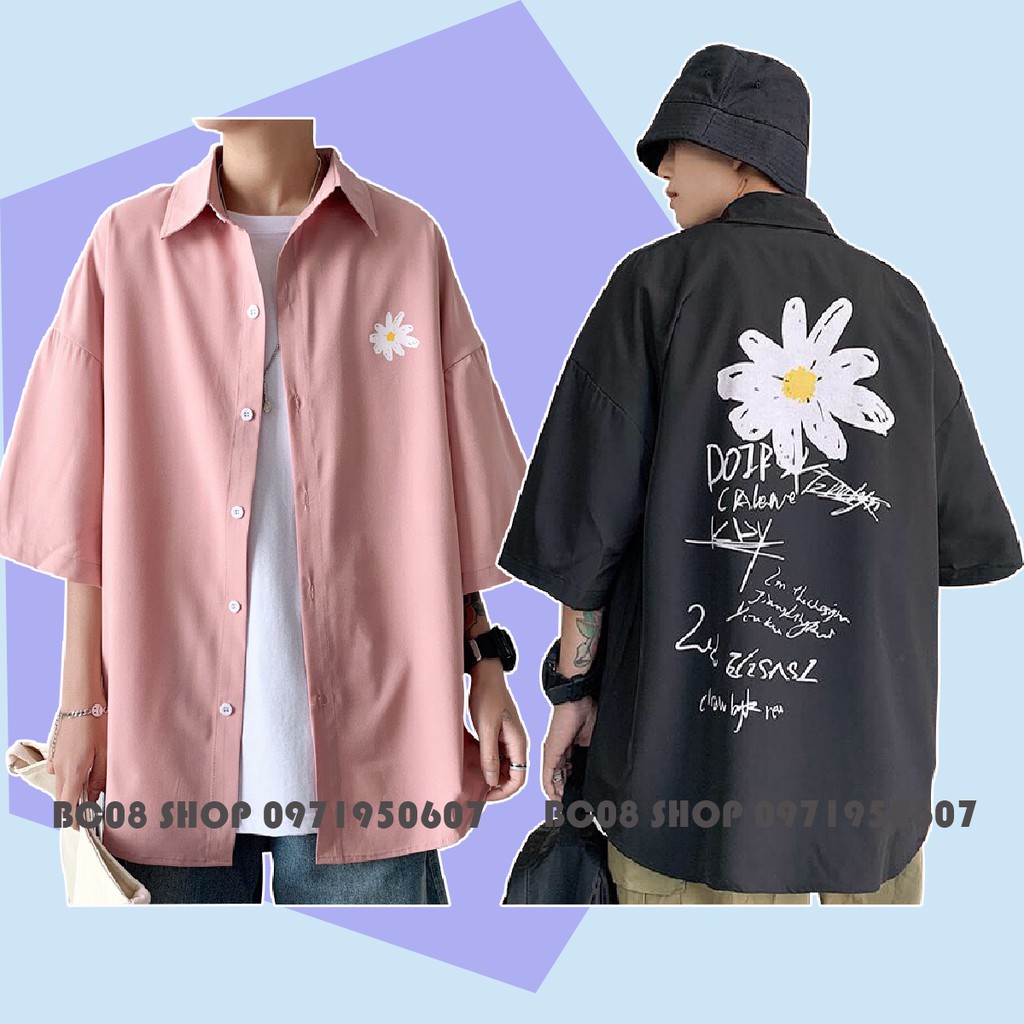 Áo Sơ Mi Tay Lỡ HOA CÚC Unisex dáng rộng 2 màu ĐEN HỒNG có size - BC076