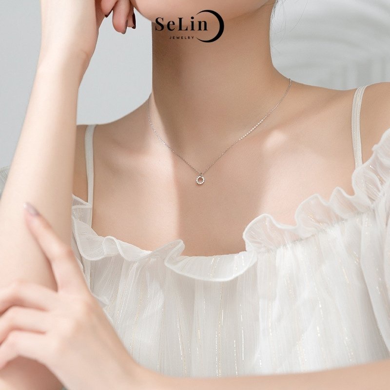 Dây chuyền bạc nữ 925 mặt tròn viền đính đá cao cấp cá lấp lánh đơn giản SELIN JEWELRY - 0042