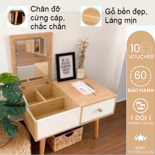 Bàn trang điểm bệt màu gỗ kèm gương - Chất gỗ MDF cao cấp (kích thước 62*20*42) - Bàn trang điểm mini tiện lợi