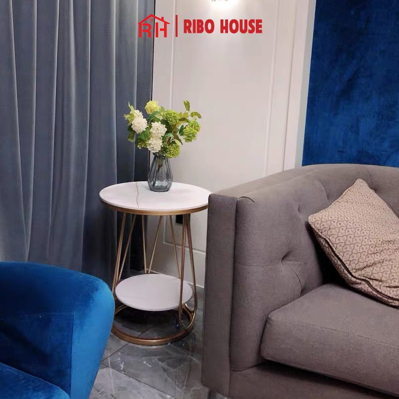 Bàn trà sofa RIBO HOUSE mặt bàn đá khung kim loại sơn tĩnh điện tab 2 tầng trang trí phòng khách ban công mẫu 7 RIBO175