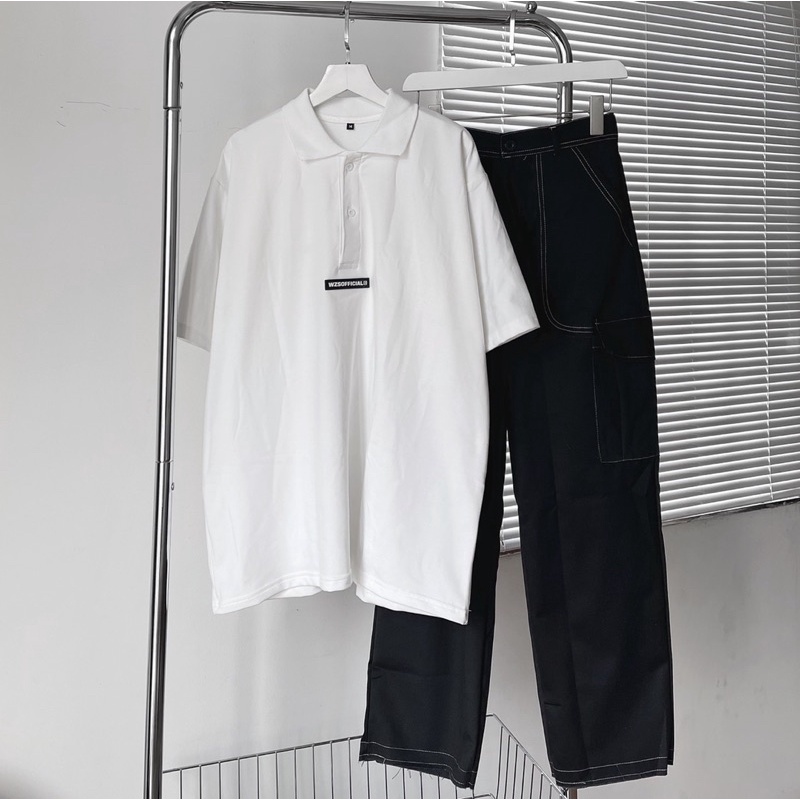 Set áo POLO trắng với Quần túi hộp chỉ nổi đen ảnh tự chụp thật 100% (có bán riêng set)