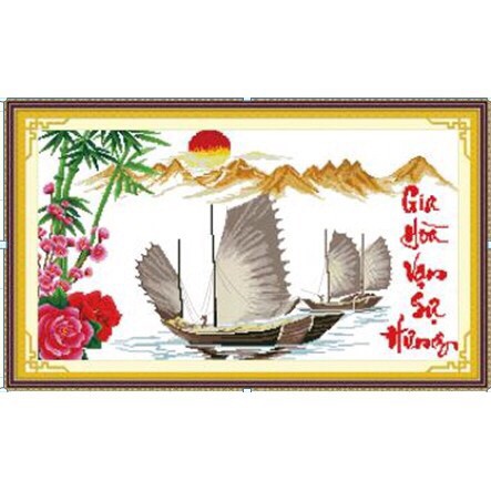 Tranh thêu chữ thập gia hòa vạn sự hưng thuyền buồm 222856