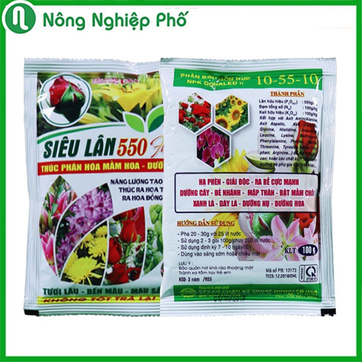 Phân Bón Siêu Lân 550 FLOWERS 10-55-10 Thúc Ra Hoa Trái Vụ, Hạ Phèn, Giải Độc, Ra Rễ Gói 100 Gram