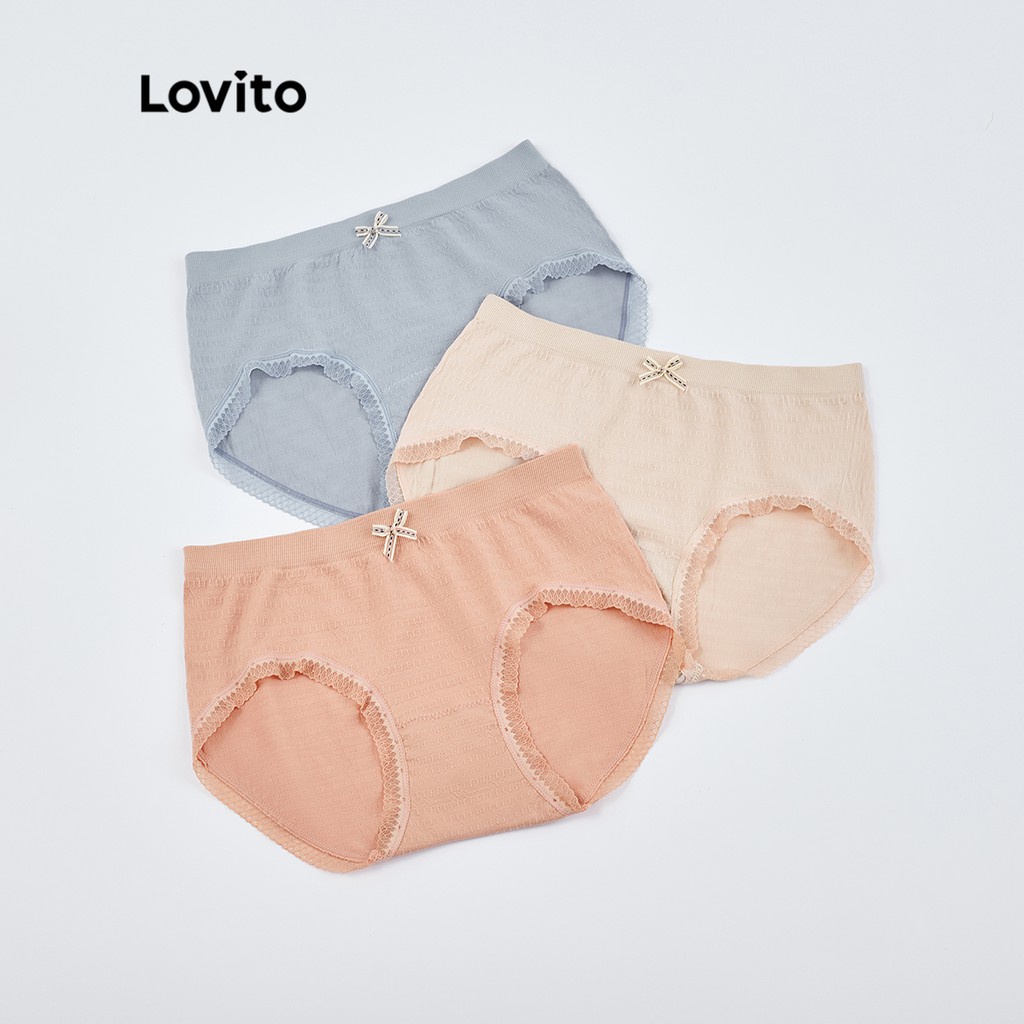 Lovito Bộ 3 chiếc Quần lót lưng cao bằng ren trơn tương phản L26AD140