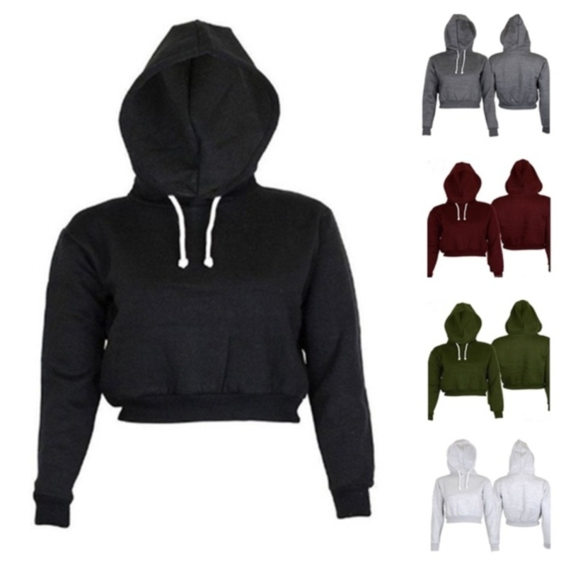 Áo Croptop Tay Dài Màu Trơn Có Mũ Trùm Đầu Thời Trang Cho Nữ