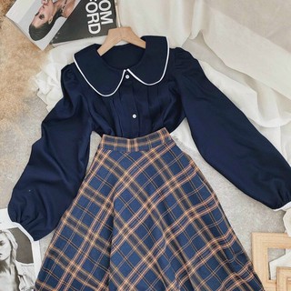 set áo sơ mi và váy caro navy