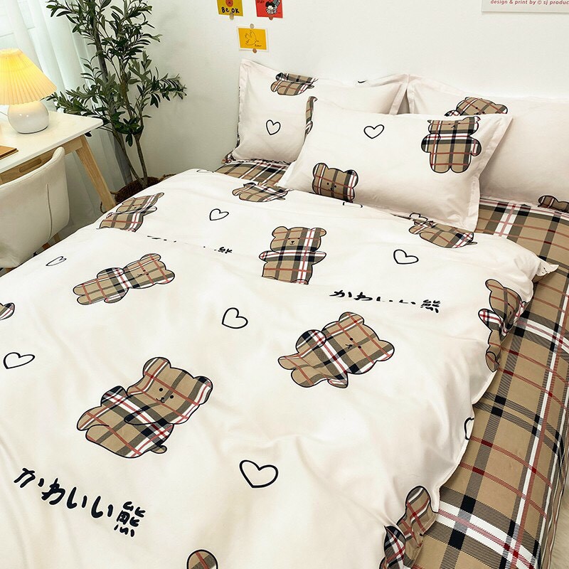 Bộ chăn ga gối , drap giường chất cotton poly họa tiết gấu kẻ bbr