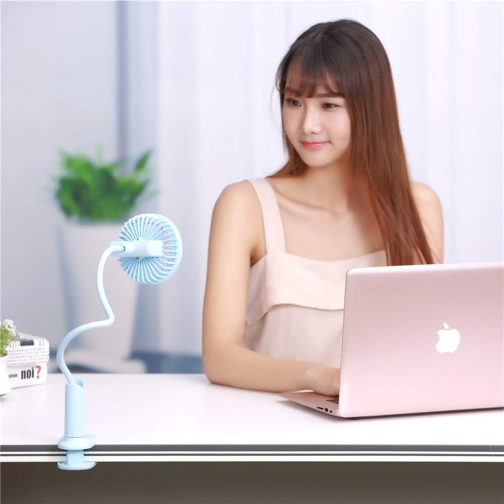 Quạt kẹp mini tích điện Huasa có đèn chiếu sáng dùng cho xe đẩy, nôi, cũi, làm việc, trang điểm...