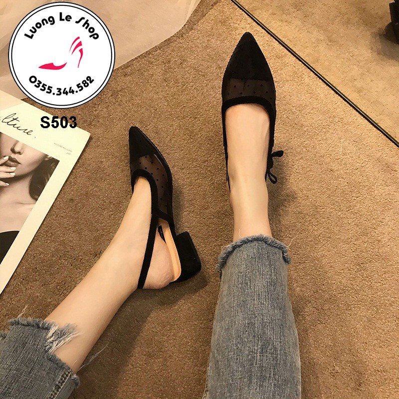 Dép Mules đế vuông 3cm mũi nhọn da pha lưới chấm bi cải nơ cạnh quai 2 màu đen kem ms S503