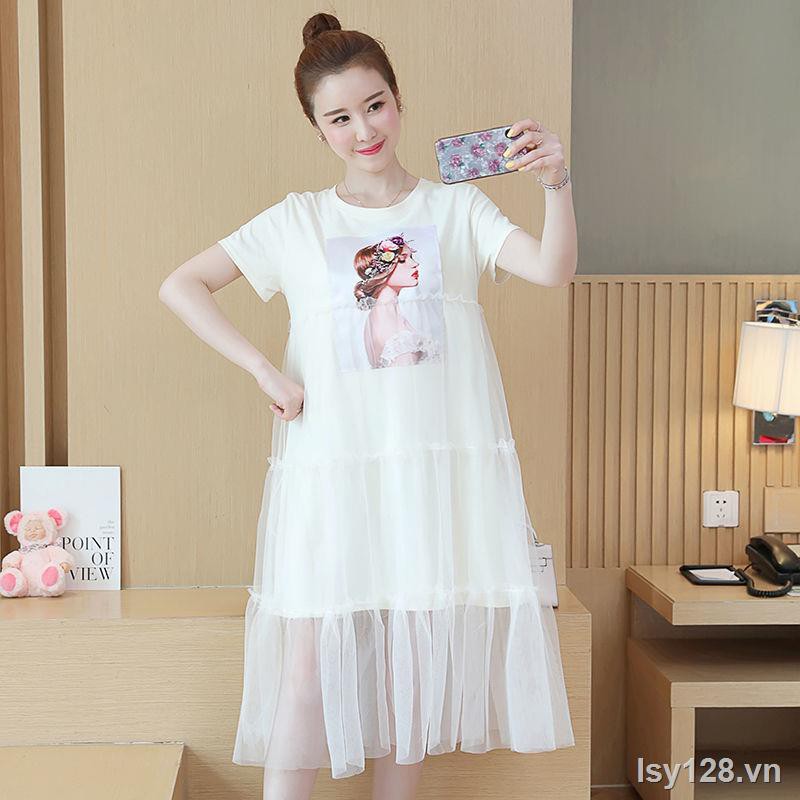 ℗☃Váy bầu tây, đầm mùa hè, gạc cotton lưới, đỏ bầu, cổ tròn, tay ngắn, bà đầm, dài