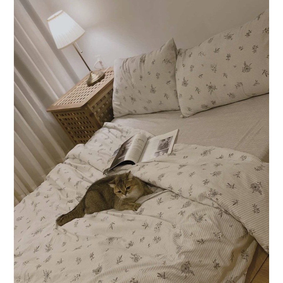 Bộ chăn ga và vỏ gối cotton living cao cấp Mùa Decor - Hoa Trắng Vintage