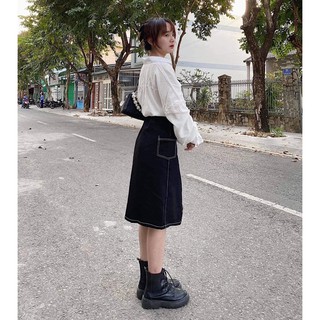 CHÂN VÁY MIDI XẺ VIỀN CHỈ