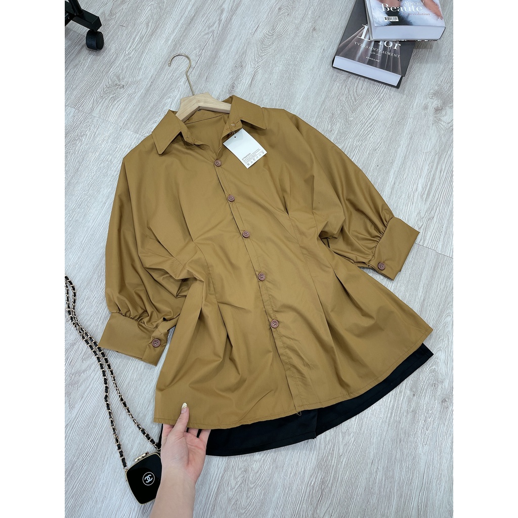 Set áo sơ mi nâu nhún eo mix quần đùi tacta LD136