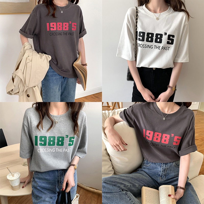 Áo thun ngắn tay cổ tròn form rộng in chữ thời trang Hàn Quốc cho nữ
