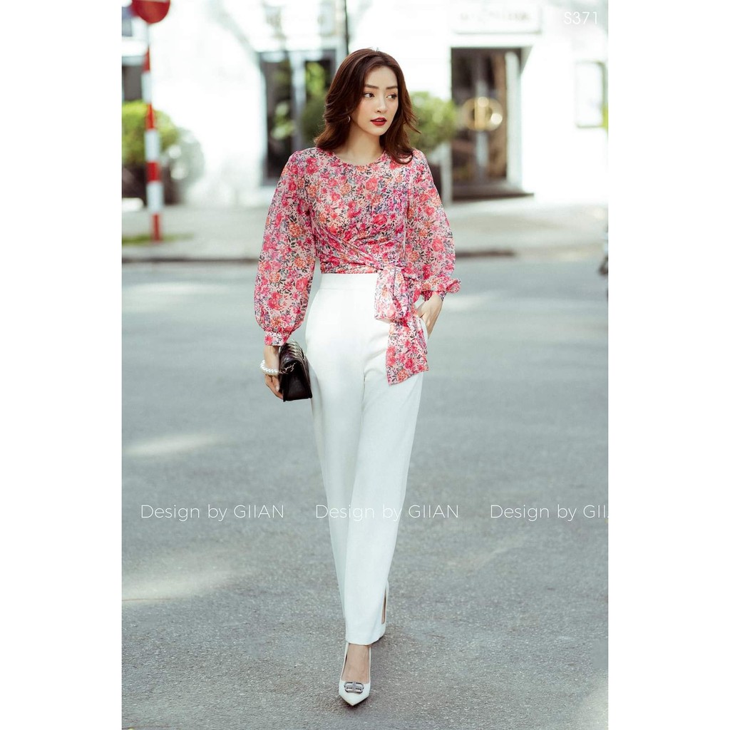 Giian - Set áo hoa buộc nơ kèm quần trắng - 𝐌𝐞𝐥𝐢𝐚 - thiết kế chính hãng - S371 | BigBuy360 - bigbuy360.vn