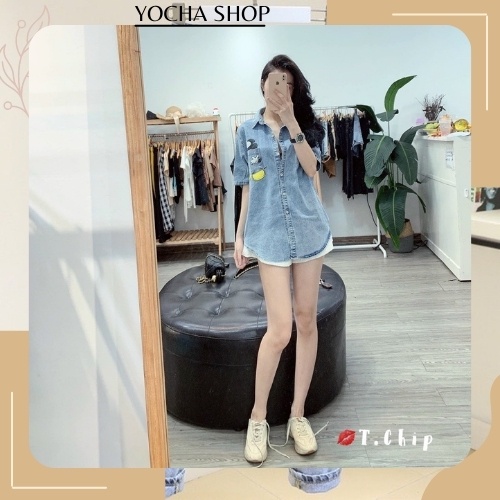 Áo sơ mi bò tay lỡ túi chuột mickey đuôi tôm full size S,M chất xịn mặc thoái mái-Yocha shop
